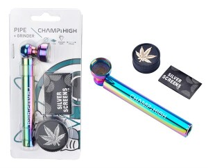 Raucherset Rainbow – Glaspfeife mit Metallkopf & Grinder 3-tlg. | Metallpfeifen-Set mit Zubehör