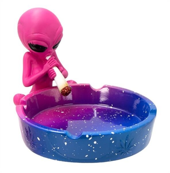 Aschenbecher Alien mit Joint – Polyresin/Keramik, blau/pink