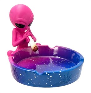 Aschenbecher Alien mit Joint – Polyresin/Keramik, blau/pink