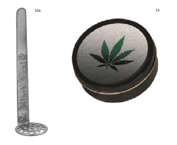 10x "Black Leaf" Einhängesiebe Stahl  12mm verpackt in runder Metalldose