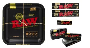 SET RAW Dreh-Tablett  "RAW Black Square"  Papers, Metall Tin und Tips