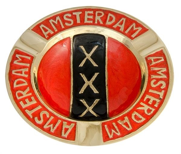 Messing-Aschenbecher rund 9 cm, "Amsterdam XXX" rot