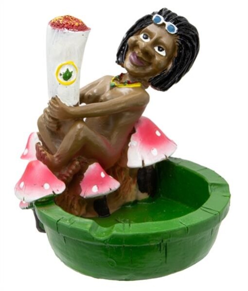 Aschenbecher-Figur Rastafrau mit Joint und Pilzen – Polyresin Sammlerstück