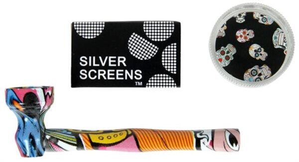Raucherset "Printed" – Metallpfeife + Grinder + Siebe | bunt bedruckt | Set