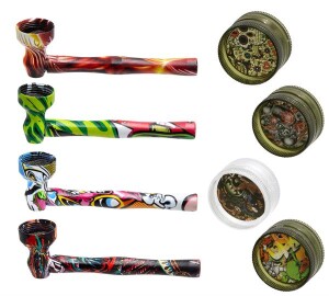 Raucherset "Printed" – Metallpfeife + Grinder + Siebe | bunt bedruckt | Set
