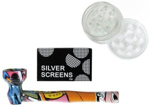 Raucherset "Printed" – Metallpfeife + Grinder + Siebe | bunt bedruckt | Set