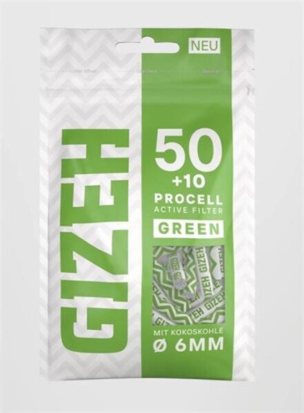 Gizeh ProCell Filter GREEN 6mm Aktivkohle – 60er Beutel, Papierkappen, umweltfreundlich