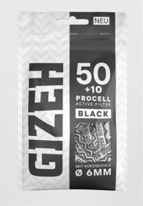 Gizeh ProCell Aktivkohlefilter BLACK 6mm – 60 Stück Beutel mit Papierkappen