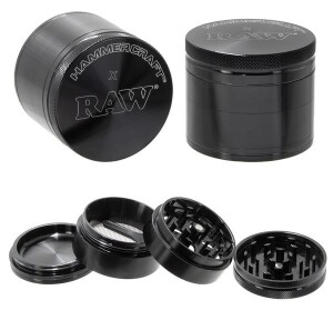Aluminium Grinder & Pollinator M „Hammercraft x RAW“ – 4-teilig, schwarz