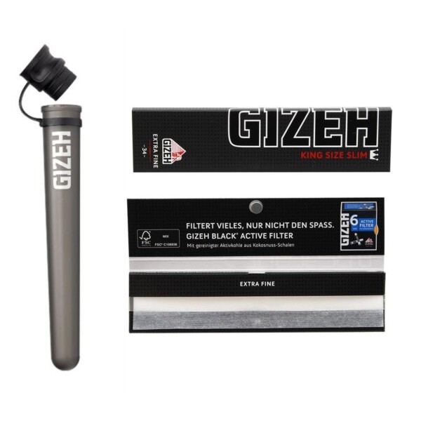 GIZEH Set: 4x Extra Fine King Size Slim Papers + 2x Joint Tubes Schwarz