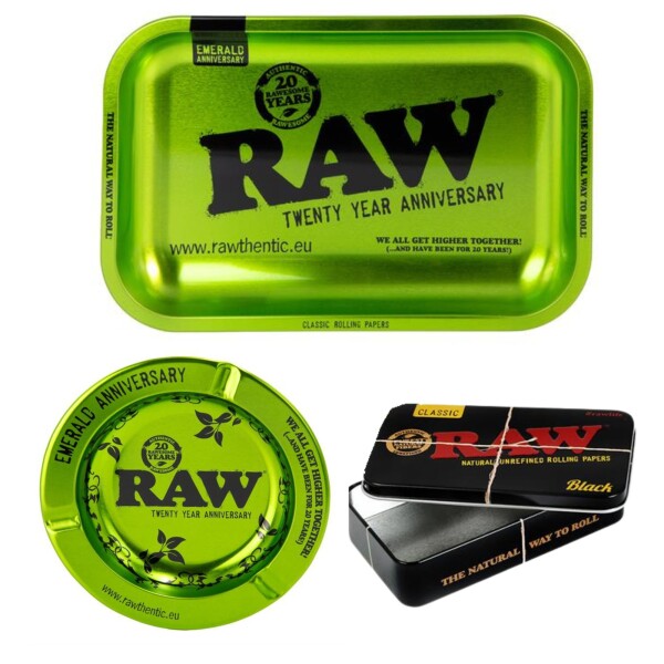 RAW Metall-Set | Small Rolling Tray 20 Year + Black Dose + Aschenbecher | Geschenkidee